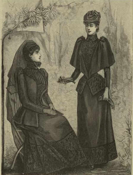 an extant sketch of two figures dressed in traditional victorian women's mourning clothing. the image serves to evoke the types of rituals observed in the wake of death.
